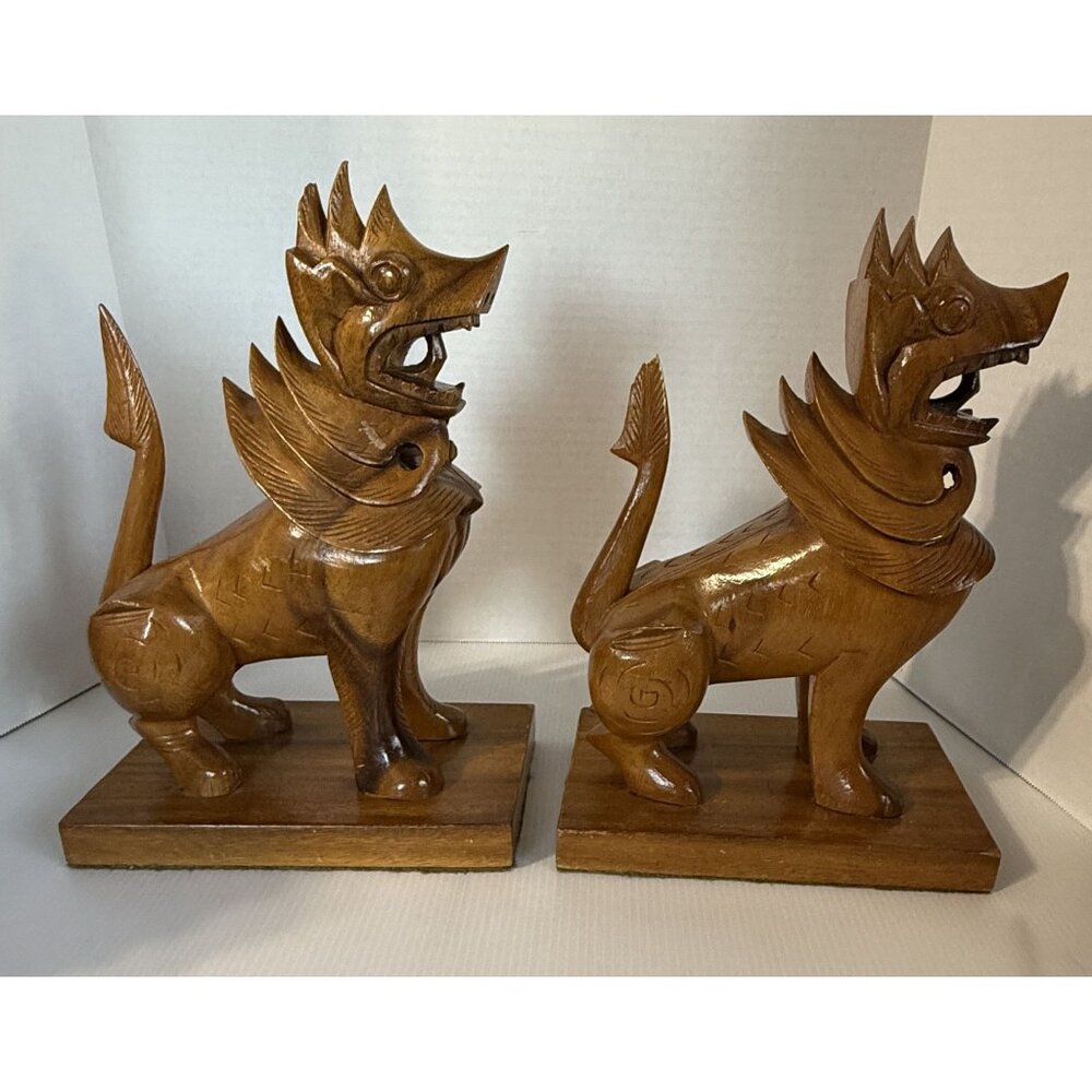 Hand-Carved Wooden Foo Dog Guardian Lion Shisa Statues Vintage - Picture 2 of 16